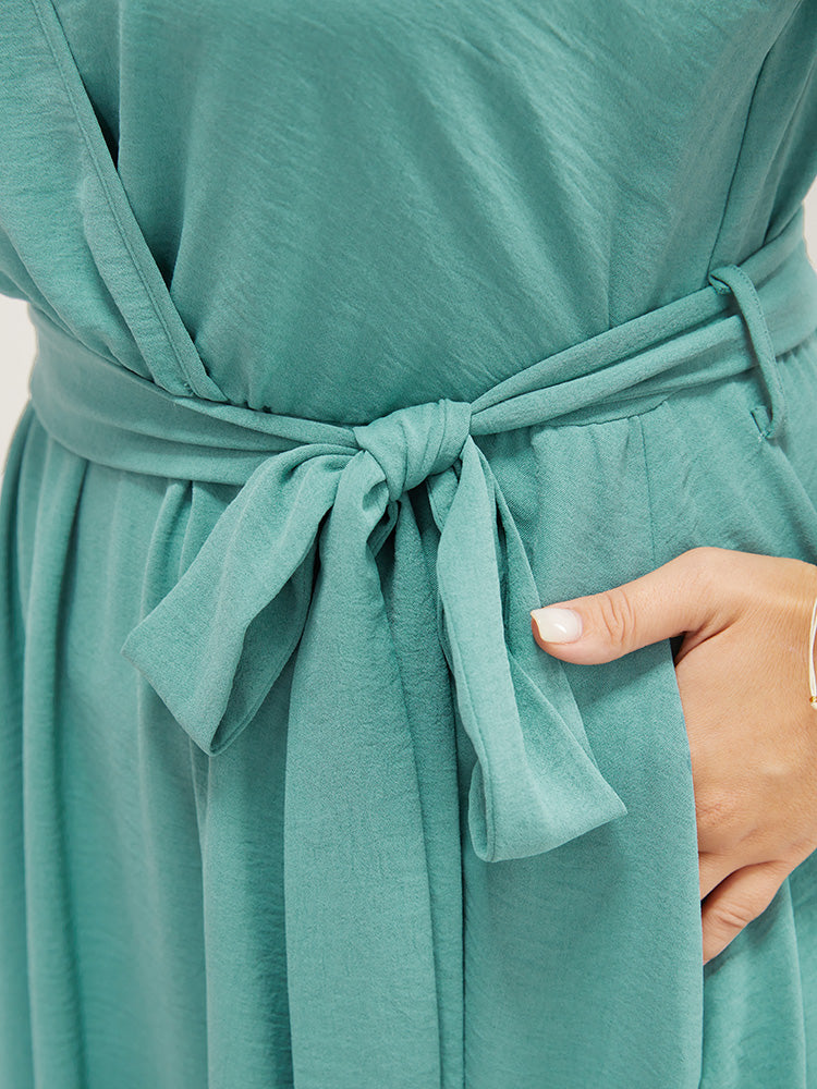 Plain Pocket Wrap Belted Laser Cut Flutter Tank Dress