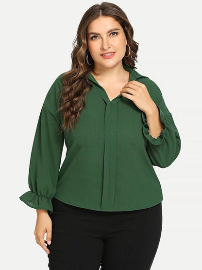 V-neck Solid Color Lantern Sleeve Blouse