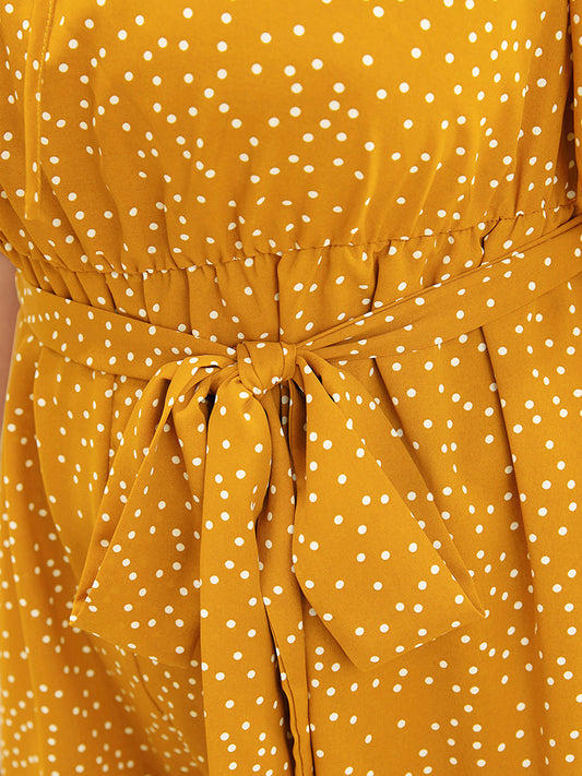 Polka Dot Ruffles Ties Pocket Belted Off Shoulder Jumpsuit