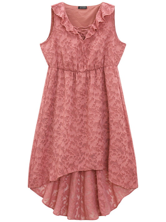 Plain Ruffle Trim Pocket Tie Neck Lace Up Dress