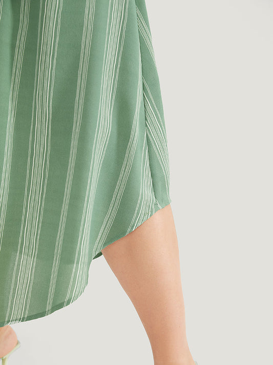 Striped Contrast Arc Hem Button Detail Pocket Belt Ruffle Dress