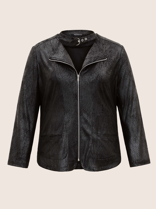 PU Leather Print Faux Suede Buckle Detail Jacket