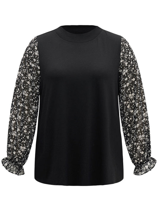 Chiffon Ditsy Floral Patchwork Lantern Sleeve T-shirt