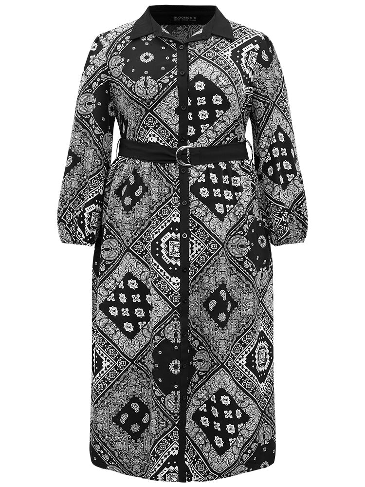 Moroccan Print Shirt Collar Belted Button Through Dress