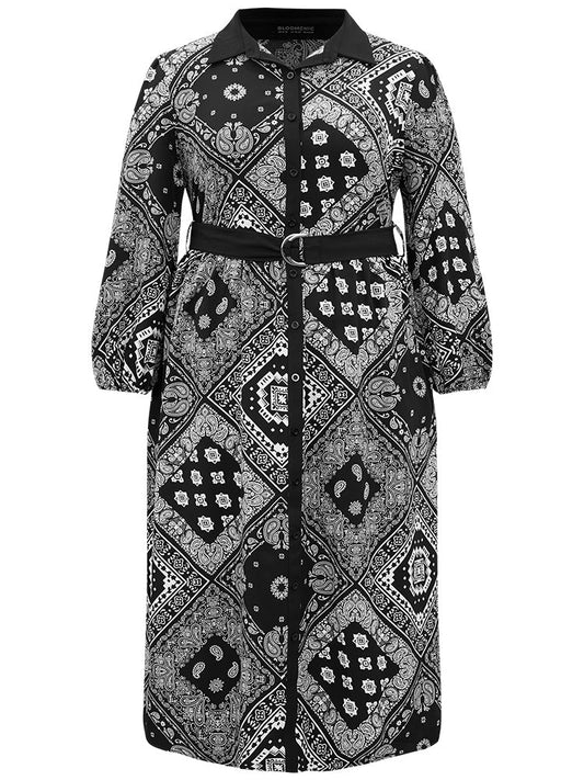 Moroccan Print Shirt Collar Belted Button Through Dress