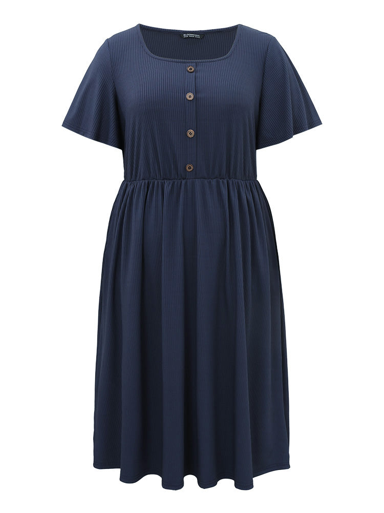 Supersoft Essentials Plain Button Detail Ruffle Sleeve Gathered Square Neck Dress