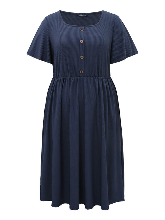 Supersoft Essentials Plain Button Detail Ruffle Sleeve Gathered Square Neck Dress