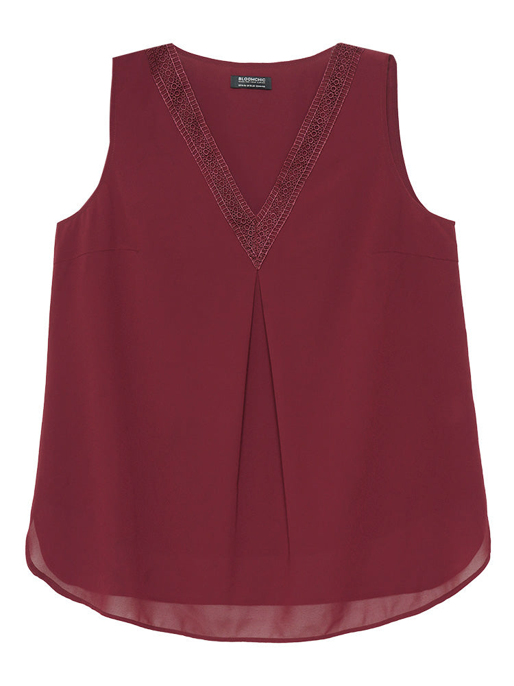 Solid Contrast Lace Plicated Detail Tank Top