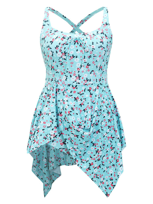 Ditsy Floral Knot Front Crossover Hanky Hem Swim Dress