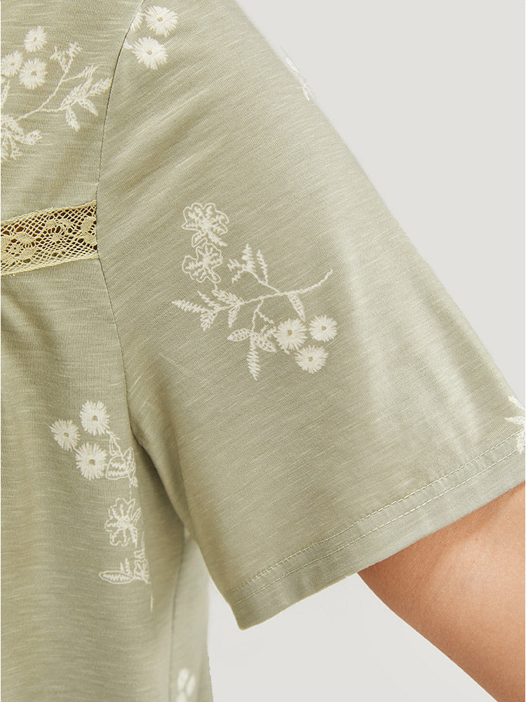 Floral Button Up Gathered Contrast Lace T-shirt