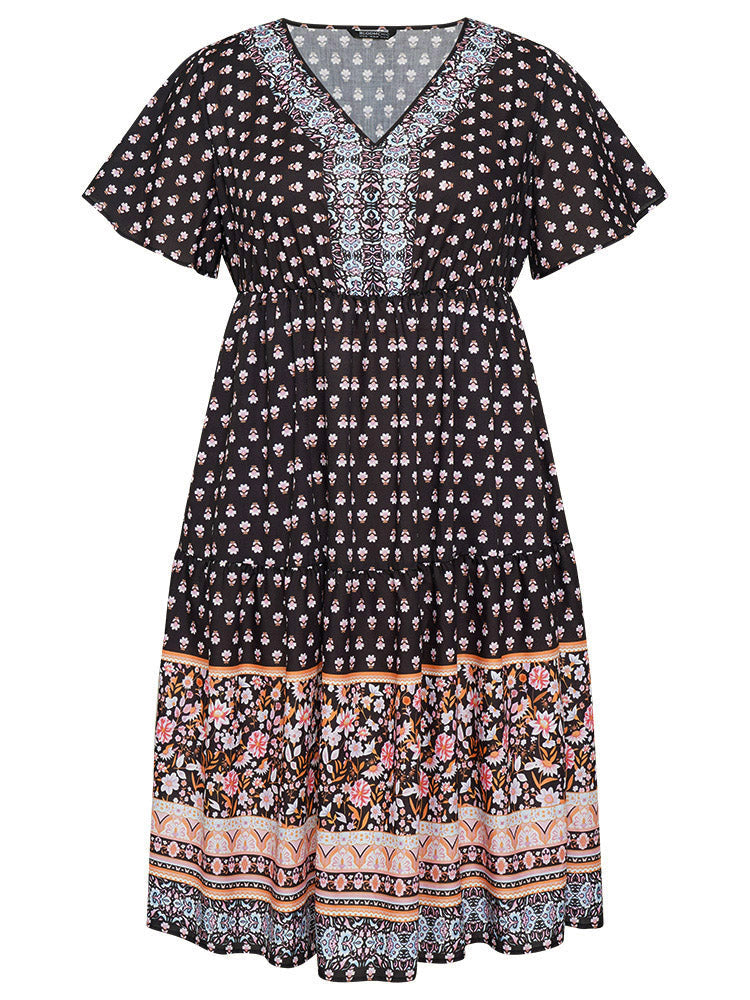Boho Print Contrast Gathered Pocket Ruffles Dress