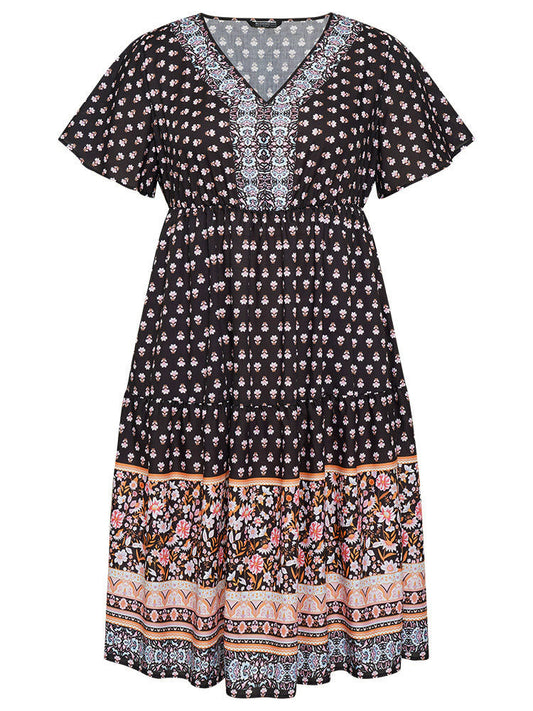 Boho Print Contrast Gathered Pocket Ruffles Dress