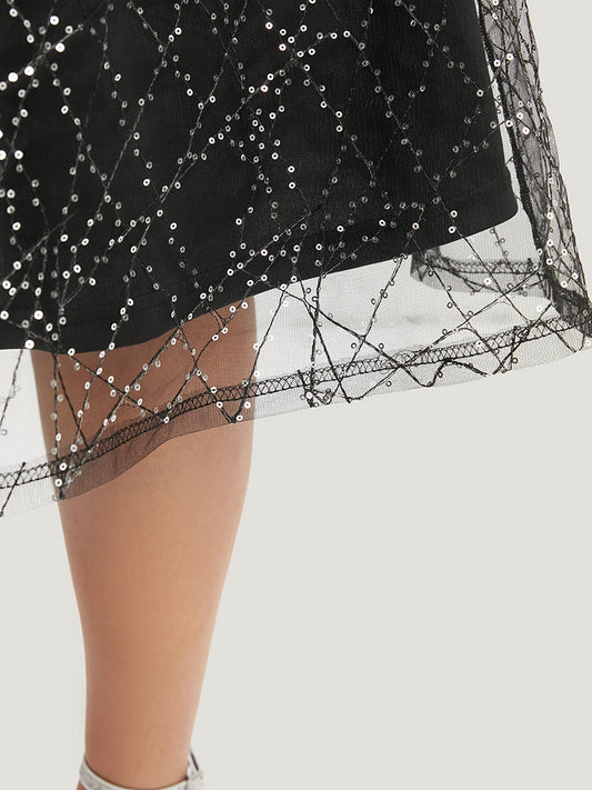 Solid Sequin Mesh Ruffle Sleeve Pocket Surplice Neck Dress