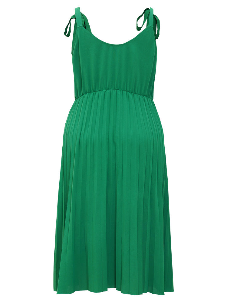 Solid Tie Shoulder Pocket Button Detail Pleated Hem Dress