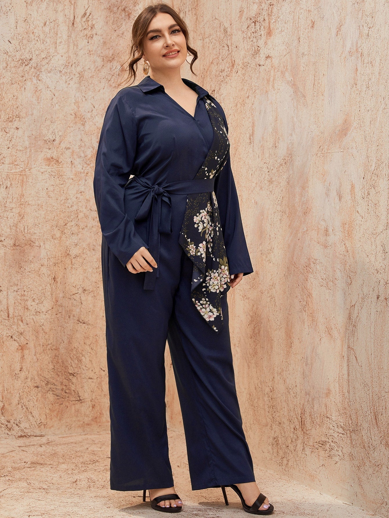 Floral Print Belted Zipper Wide-leg Jumpsuit