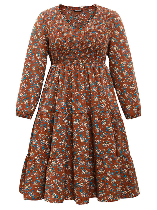 Ditsy Floral Shirred Flutter Layered Hem Dress