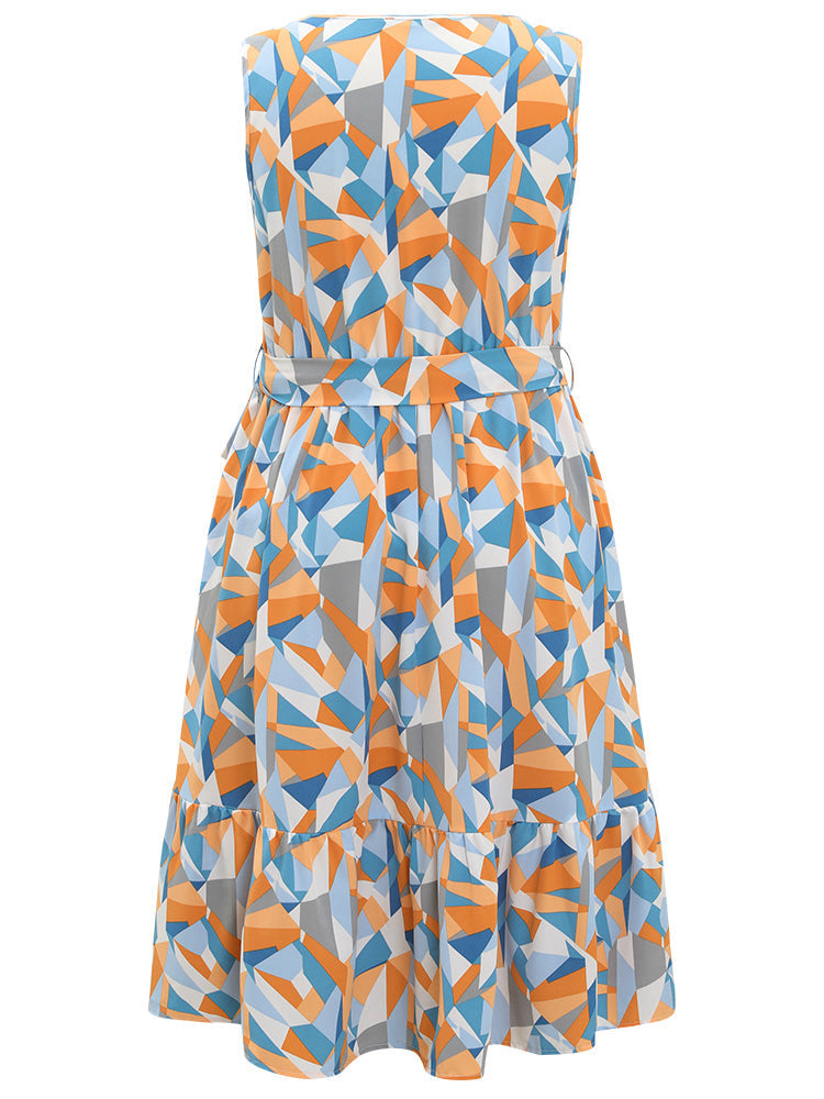 Geometric Belt Ruffle Hem Pocket Button Detail Tank Dress