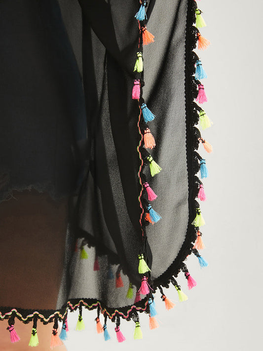 Plain Open Front Color Tassels Trim Kimono