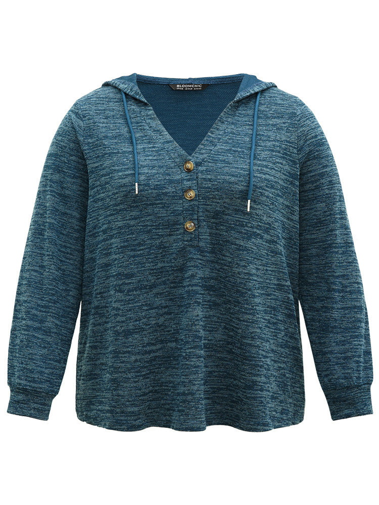 Plain Heather Button Up Hooded Drawstring Sweatshirt