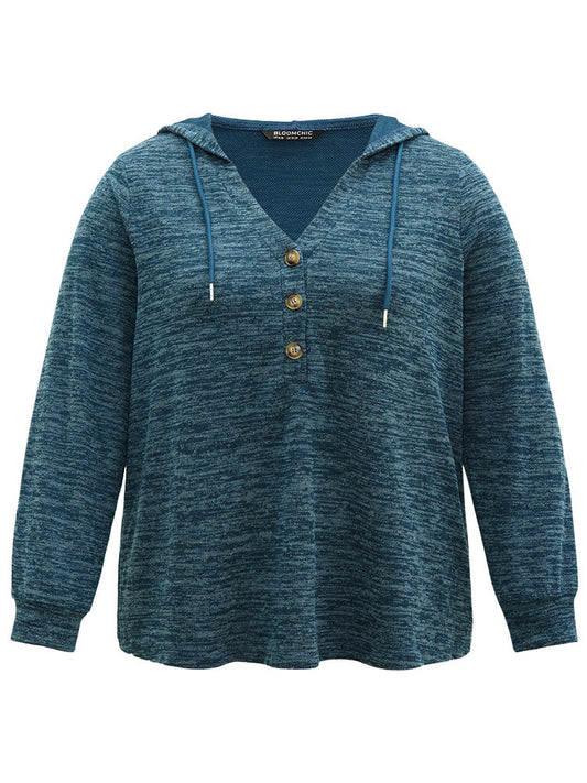 Plain Heather Button Up Hooded Drawstring Sweatshirt