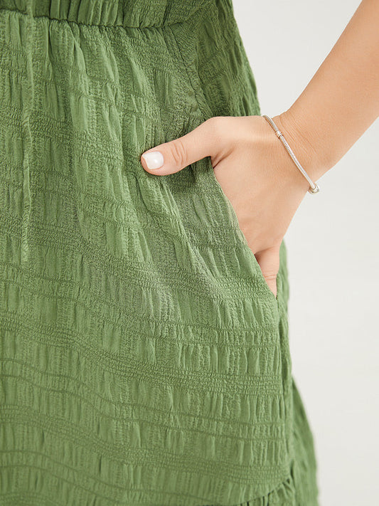 Plain Textured Button Detail Pocket Flutter Hem Tie Neck Dress