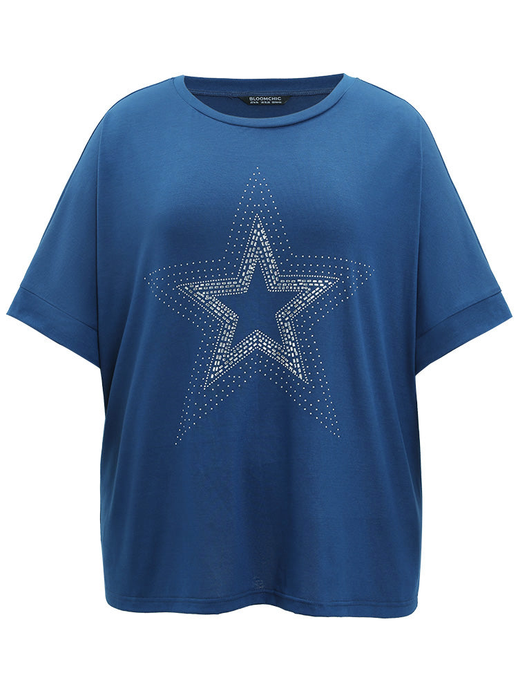 Star Rhinestone Crew Neck Roll Batwing Sleeve T-shirt