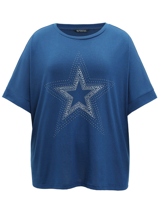 Star Rhinestone Crew Neck Roll Batwing Sleeve T-shirt