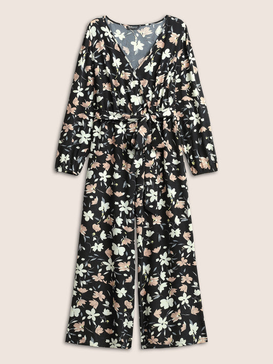 Floral Elastic Waist Belted Wrap Jumpsuit