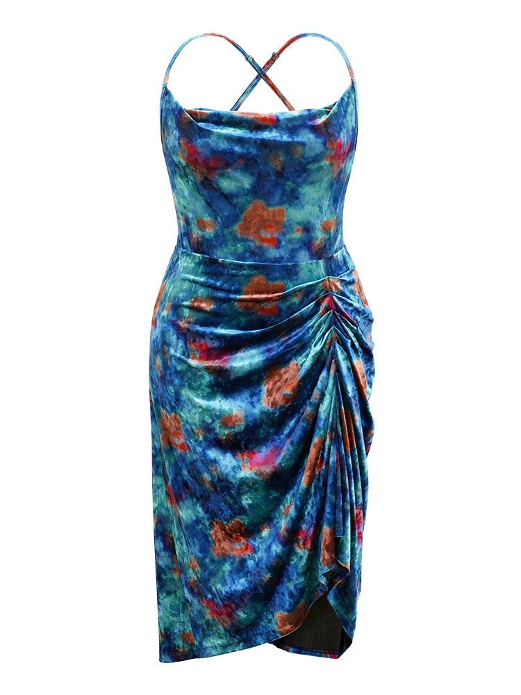 Colored Floral Velvet Cowl Neck Ruched Cami Dress