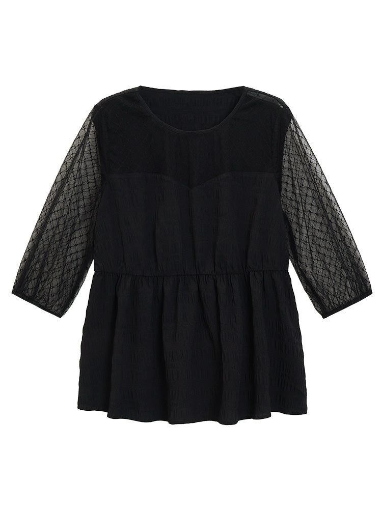 Plain Mesh Patchwork Lantern Sleeve Blouse