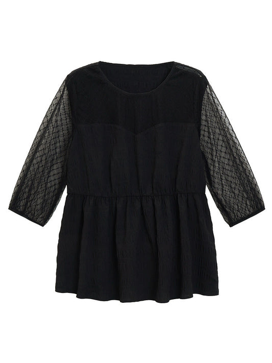 Plain Mesh Patchwork Lantern Sleeve Blouse