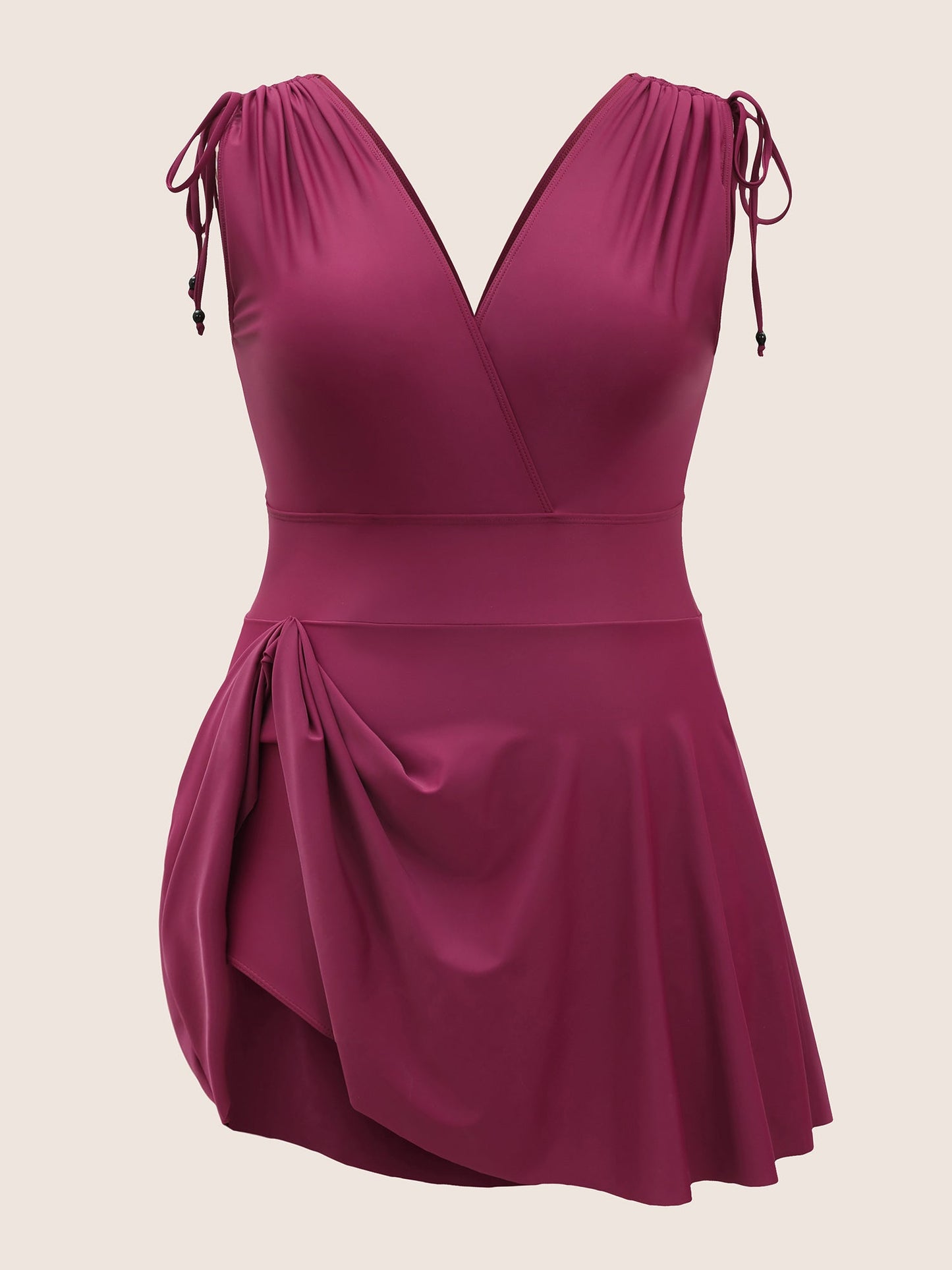 Solid Drawstring Adjustable Straps Back Swim Dress