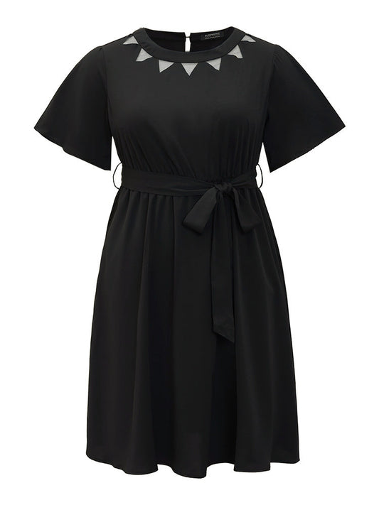 Anti-Wrinkle Solid Flutter Belted Pocket Mesh Cut Out Dress