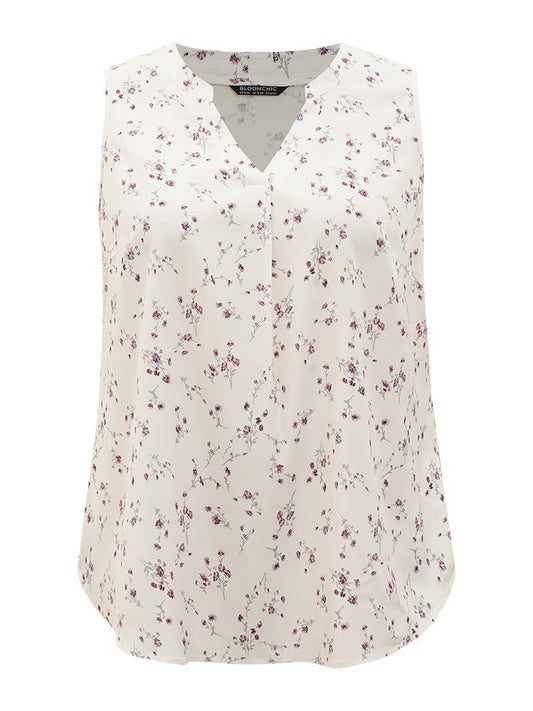 Ditsy Floral Pleated Notched Arc Hem Tank Top