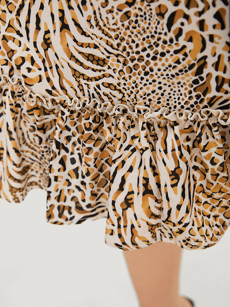 Leopard Contrast Trim Pocket Ruffle Hem Belted Button Up Dress