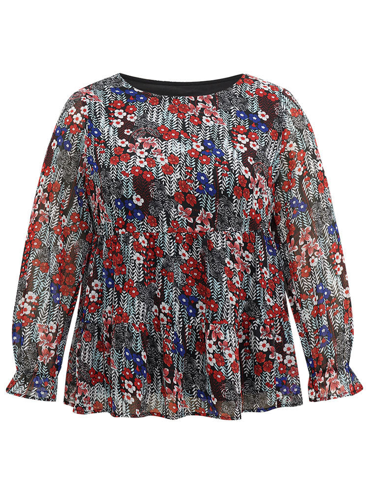 Floral Ruffles Elastic Waist Lantern Sleeve Chiffon Blouse