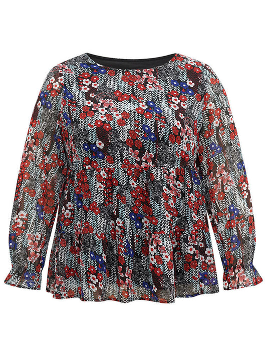 Floral Ruffles Elastic Waist Lantern Sleeve Chiffon Blouse