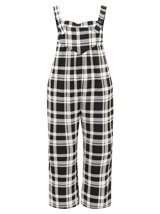 Plaid Pocket Button Up Adjustable Straps Jumpsuit