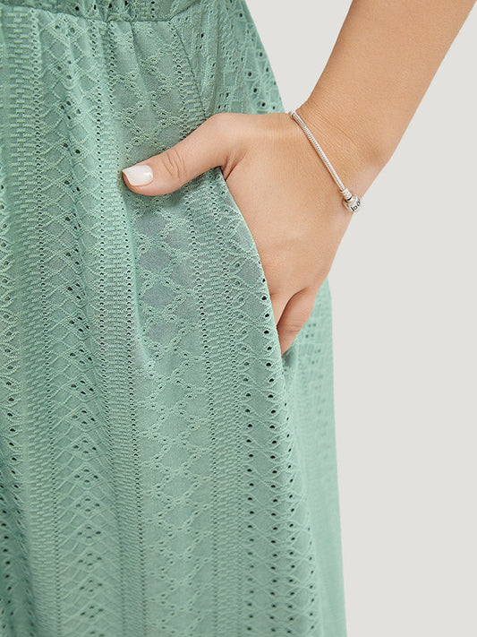 Solid Ruffle Sleeve Pocket Contrast Lace Broderie Anglaise Dress