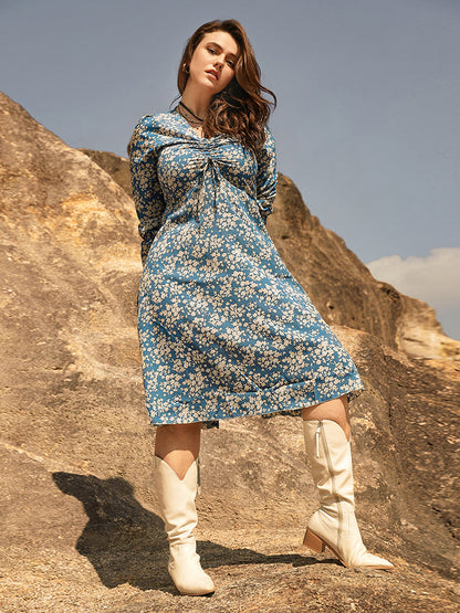 Ditsy Floral Ruched Drawstring Knot Dress