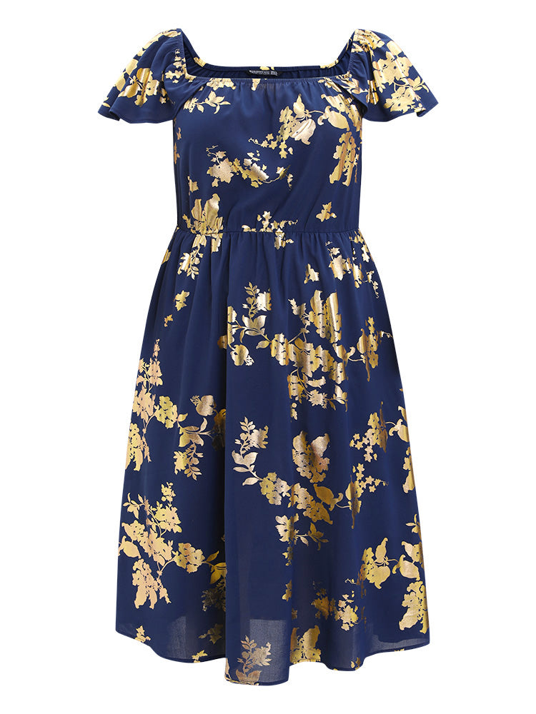 Silhouette Floral Glitter Pocket Off Shoulder Ruffle Dress