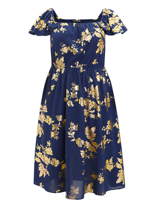 Silhouette Floral Glitter Pocket Off Shoulder Ruffle Dress