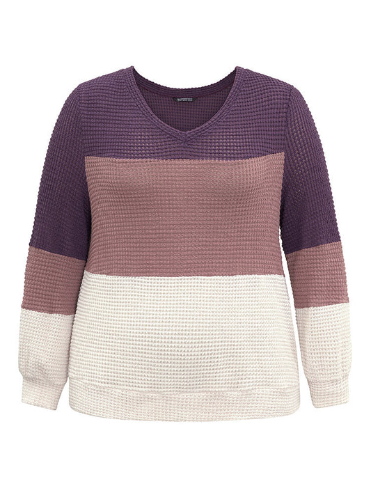 Waffle Knit Colorblock Contrast V Neck T-shirt