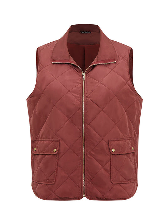 Solid Zipper Quilted Flap Pocket Vest