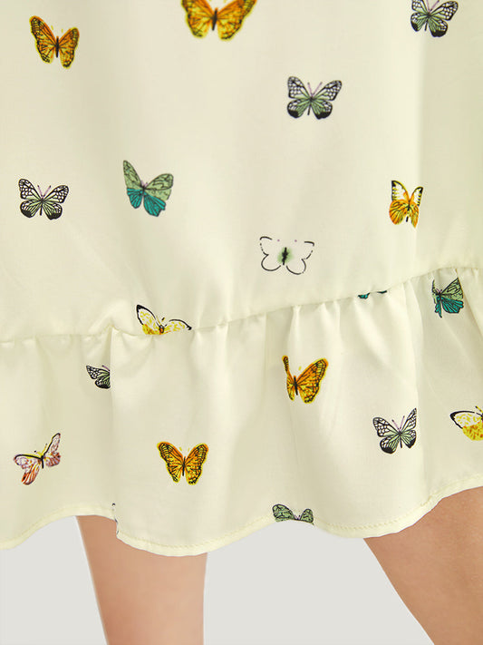 Butterfly Print Ruffle Trim Pocket Shirred Square Neck Dress