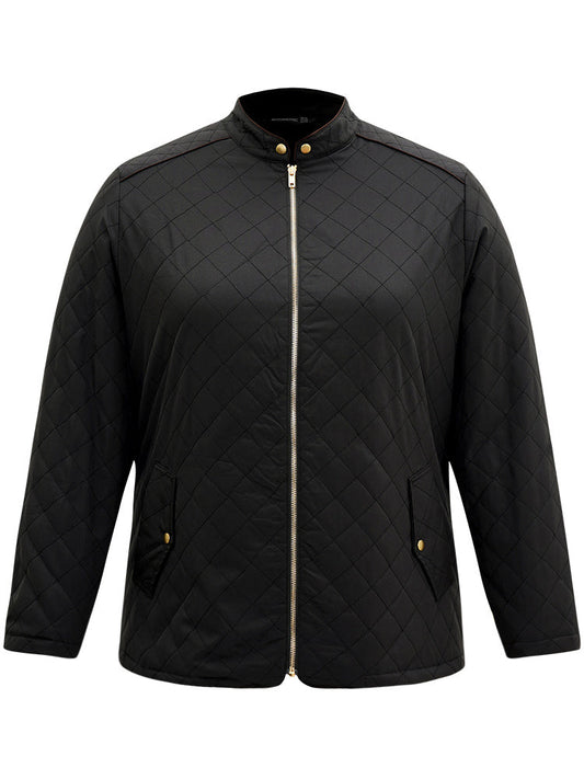 Plain Quilted Zipper Button Detail Jacket