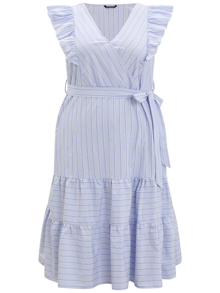 Striped Surplice Neck Belted Ruffle Cap Sleeve Dress