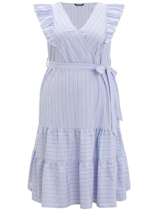 Striped Surplice Neck Belted Ruffle Cap Sleeve Dress