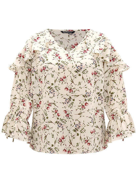 Ditsy Floral Cold Shoulder Ties Ruffle Trim Blouse
