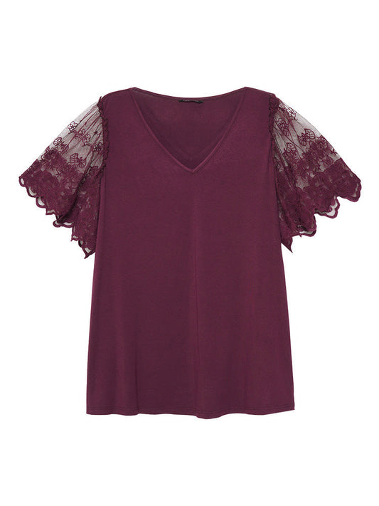 Plain Patchwork Mesh Sleeve T-shirt